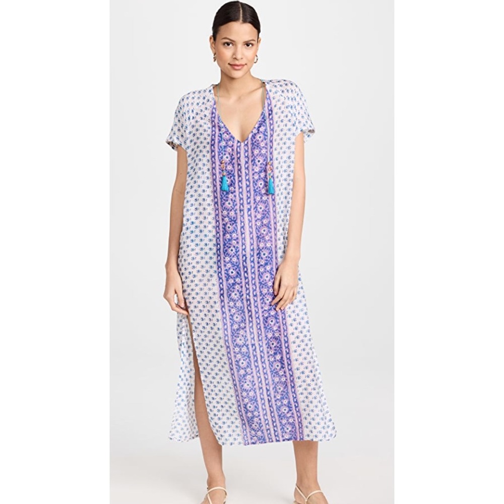 Bell by Alicia Bell Silk Blend Block Print Kaftan Maxi Dress Blue Purple Large